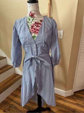 VENUS Blue and White Striped High-Low Wrap Dress